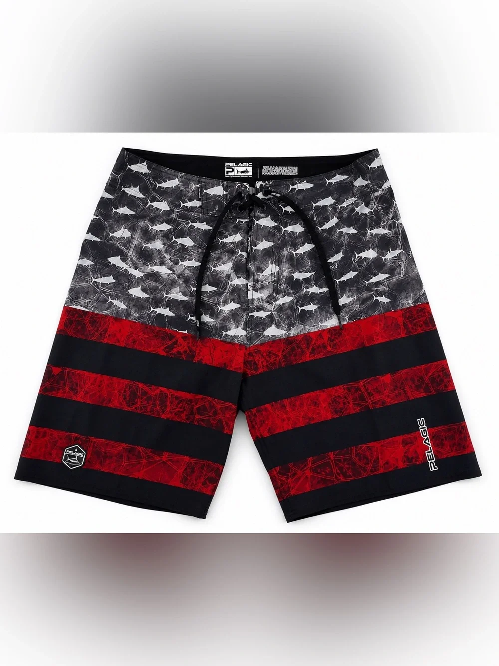 Pelagic Sharkskin Boardshorts Men’s 32 Fishing Swim Trunks Shark Print Stretch